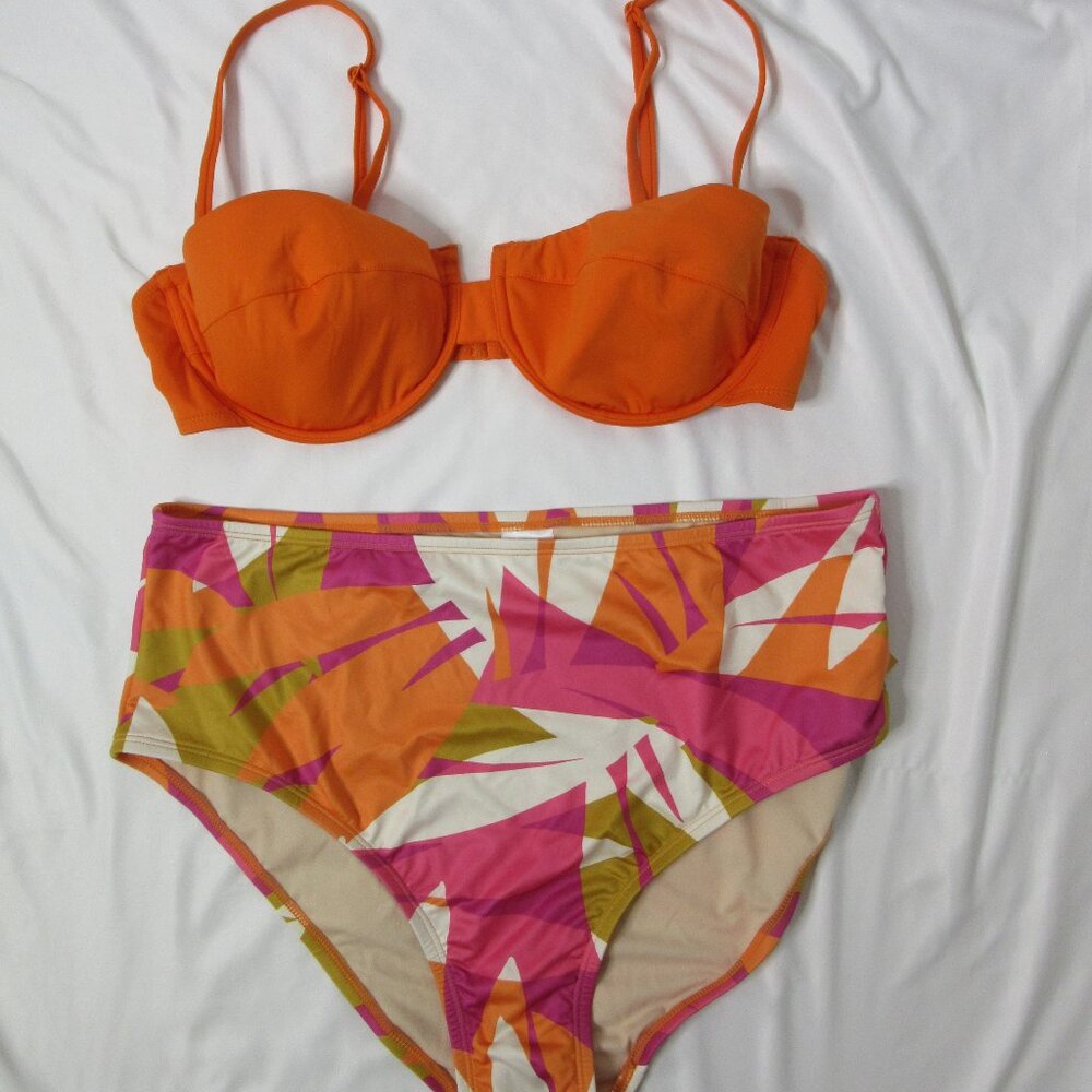 Kona Sol Orange Molded Bikini Top with Multicolor High-Waist Bottoms